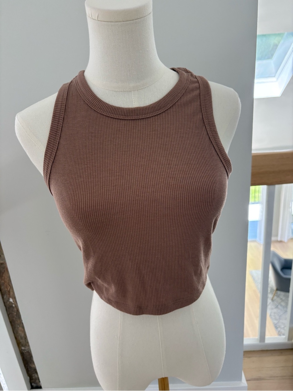 Sleeveless Ribbed Crop Tank Top in Brown